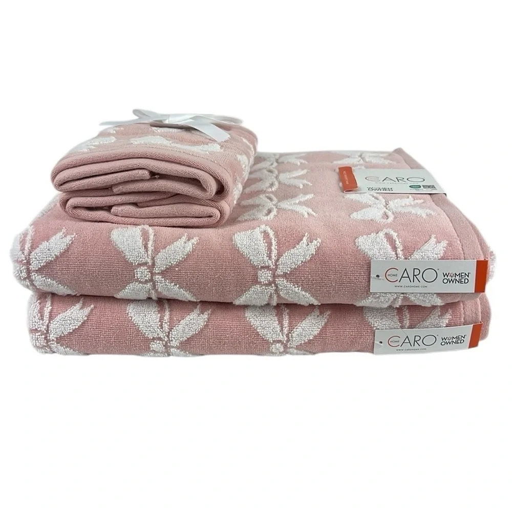 CARO Home Bath Towel Set Pink White Bow Pattern Bath Tip 4 PC NEW